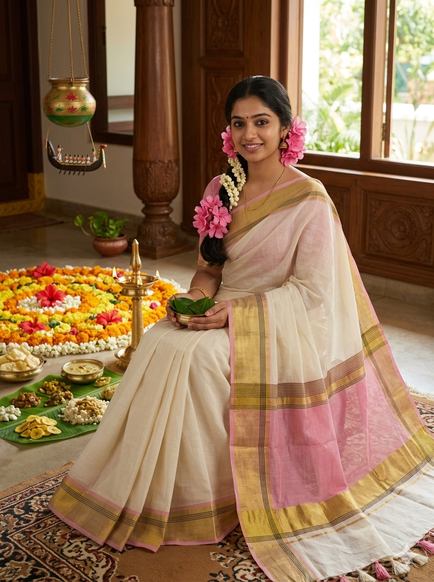 Premium Chanderi Silk / Soft Mul Cotton Kerala Saree with Pastel Pink & Gold Border