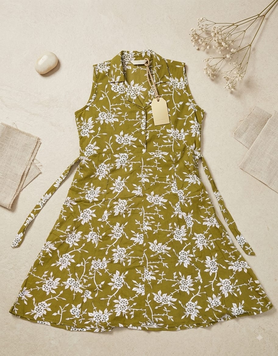 Olive Green Floral Print Sleeveless Shirt Dress with Waist Belt