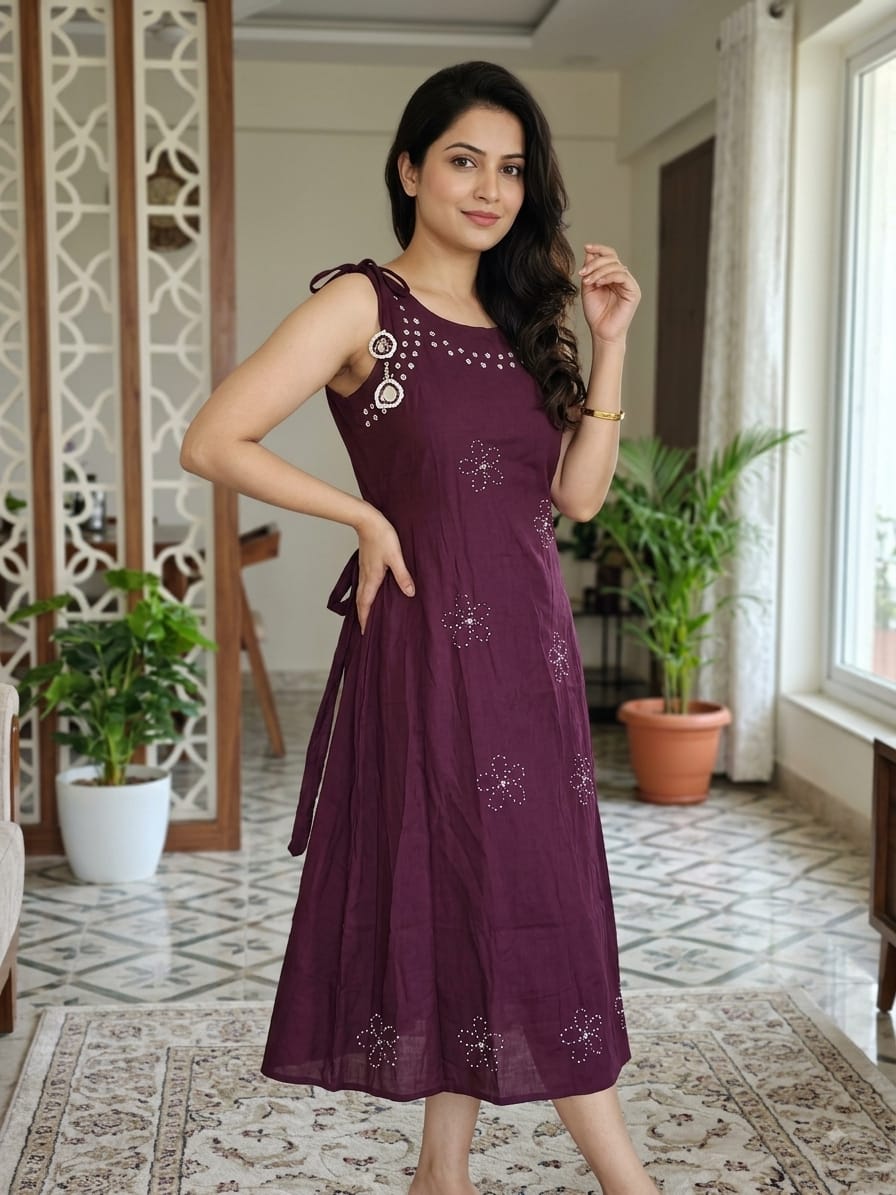 Deep Purple Embroidered Midi Dress with Tie-up Straps