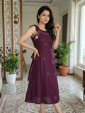 Deep Purple Embroidered Midi Dress with Tie-up Straps