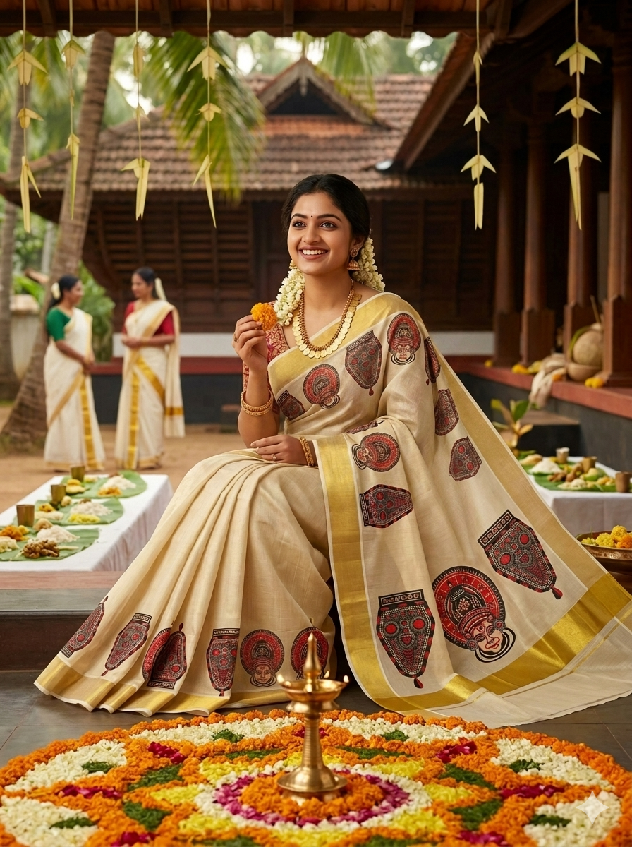 Timeless Heritage: Theyyam & Nettur Petti Art Printed Kerala Tissue Kasavu Saree