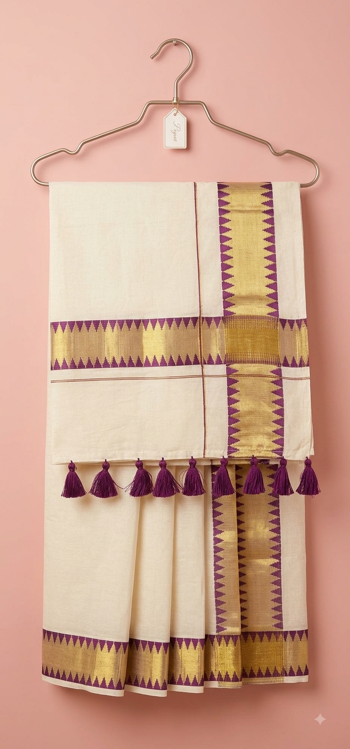 Traditional Kerala Off-White Kasavu Saree with Purple Temple Border & Tassels