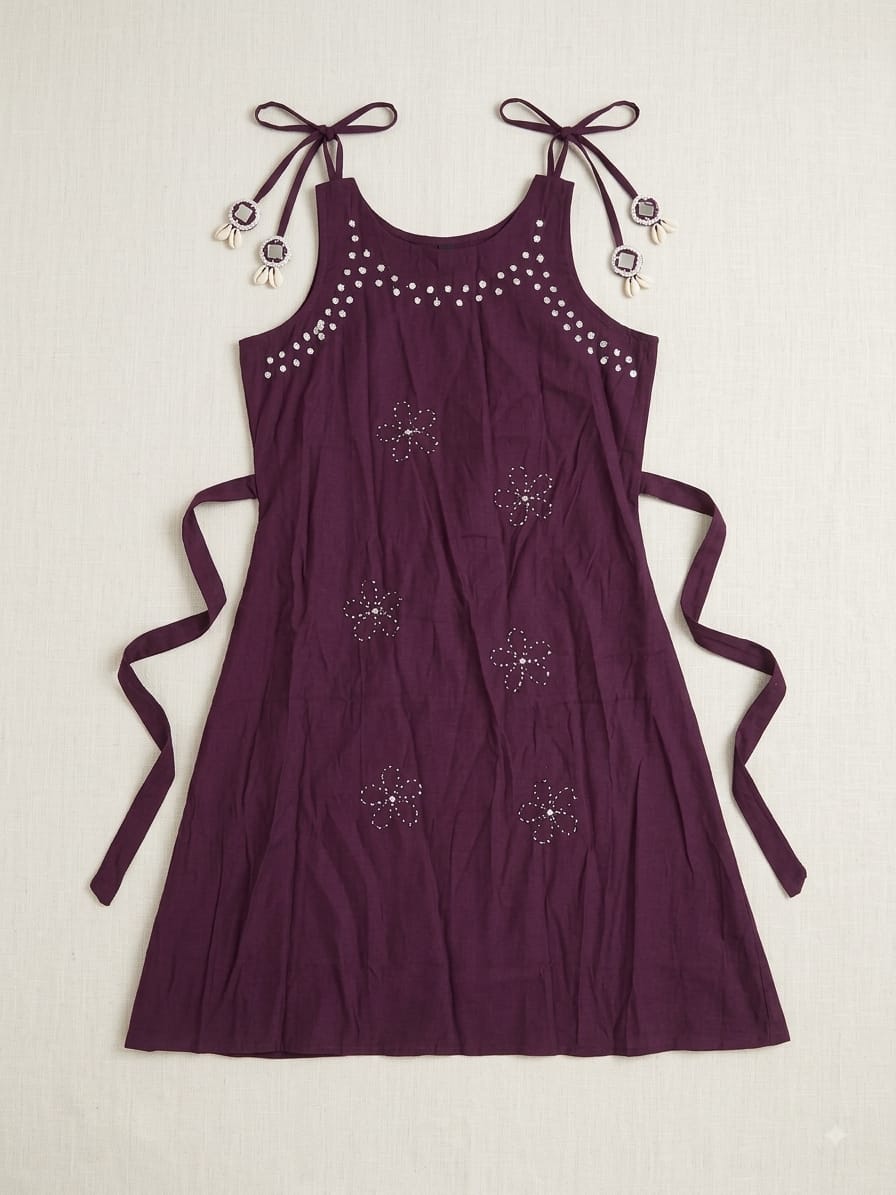 Deep Purple Embroidered Midi Dress with Tie-up Straps