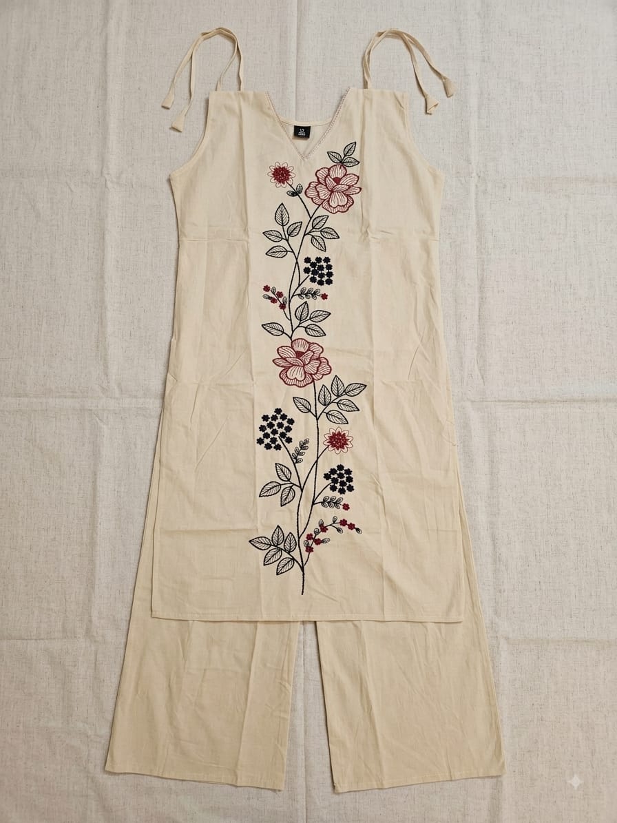Floral Embroidered Beige Sleeveless Kurti Set with Shoulder Ties