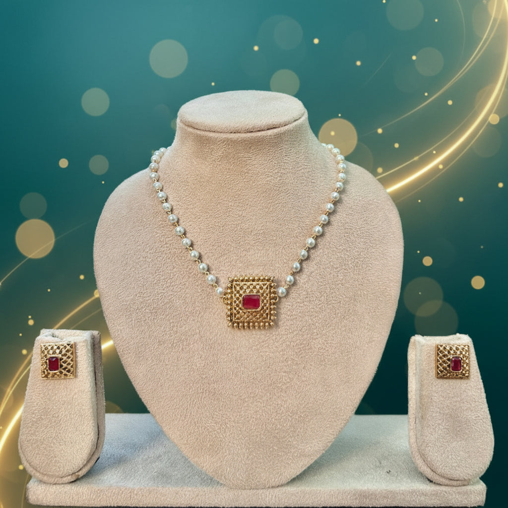 Traditional Gold-Tone Pearl Choker Set with Square Ruby Pendant and Earrings