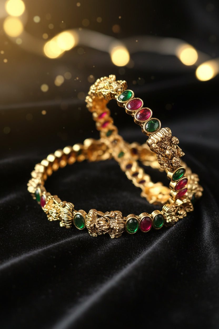 Antique Gold Lakshmi Motif Kemp Bangle Pair | UrbanLooma