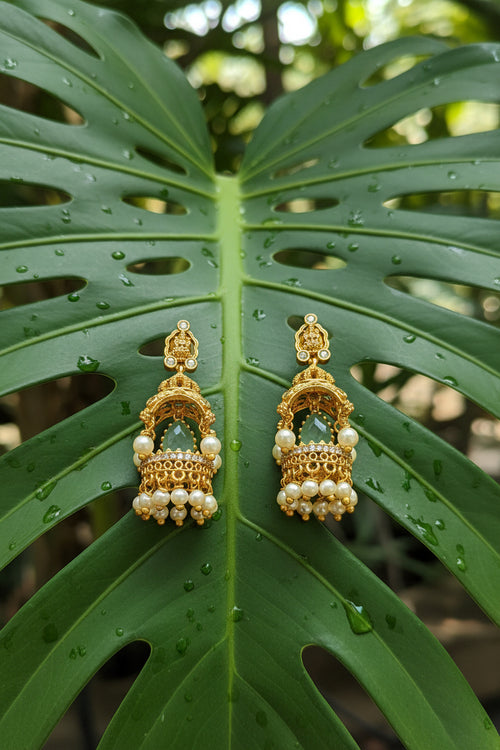 18K Gold-Plated Temple Style Jhumka Earrings with Mint Green Stone & Pearl Drops