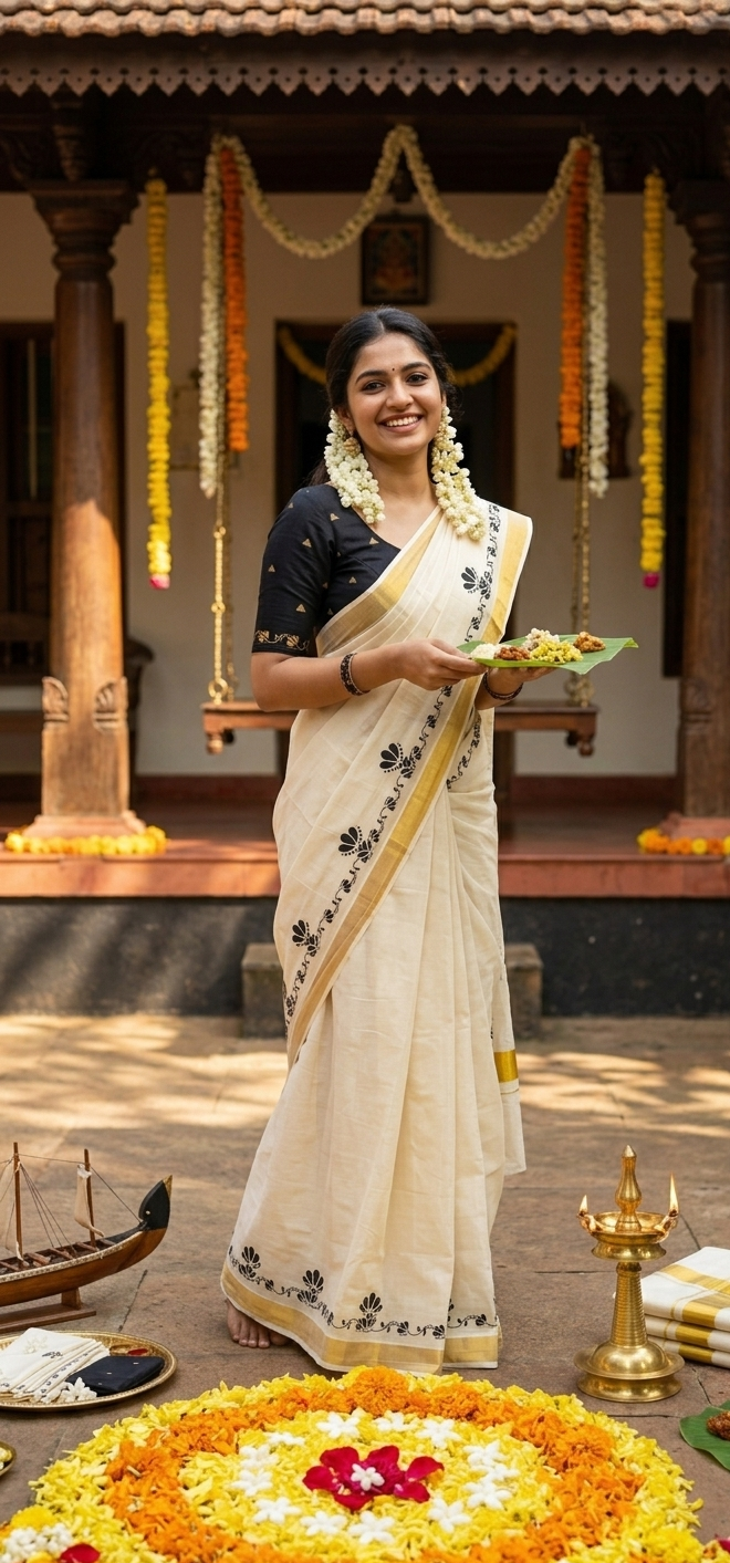 Traditional Off-White Kerala Cotton Saree with Black Floral Motif & Blouse Piece