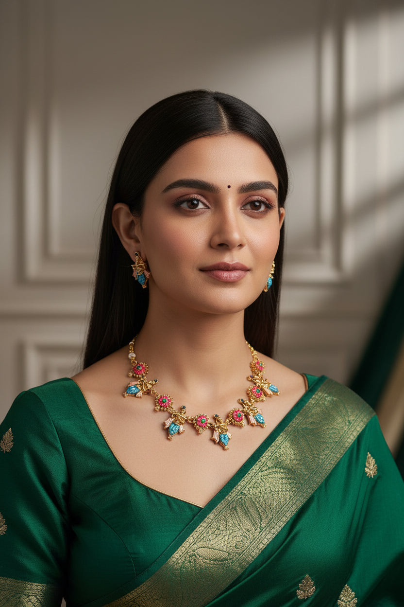 Antique Gold Divine Radha Krishna Choker Set with Matching Studs | UrbanLooma