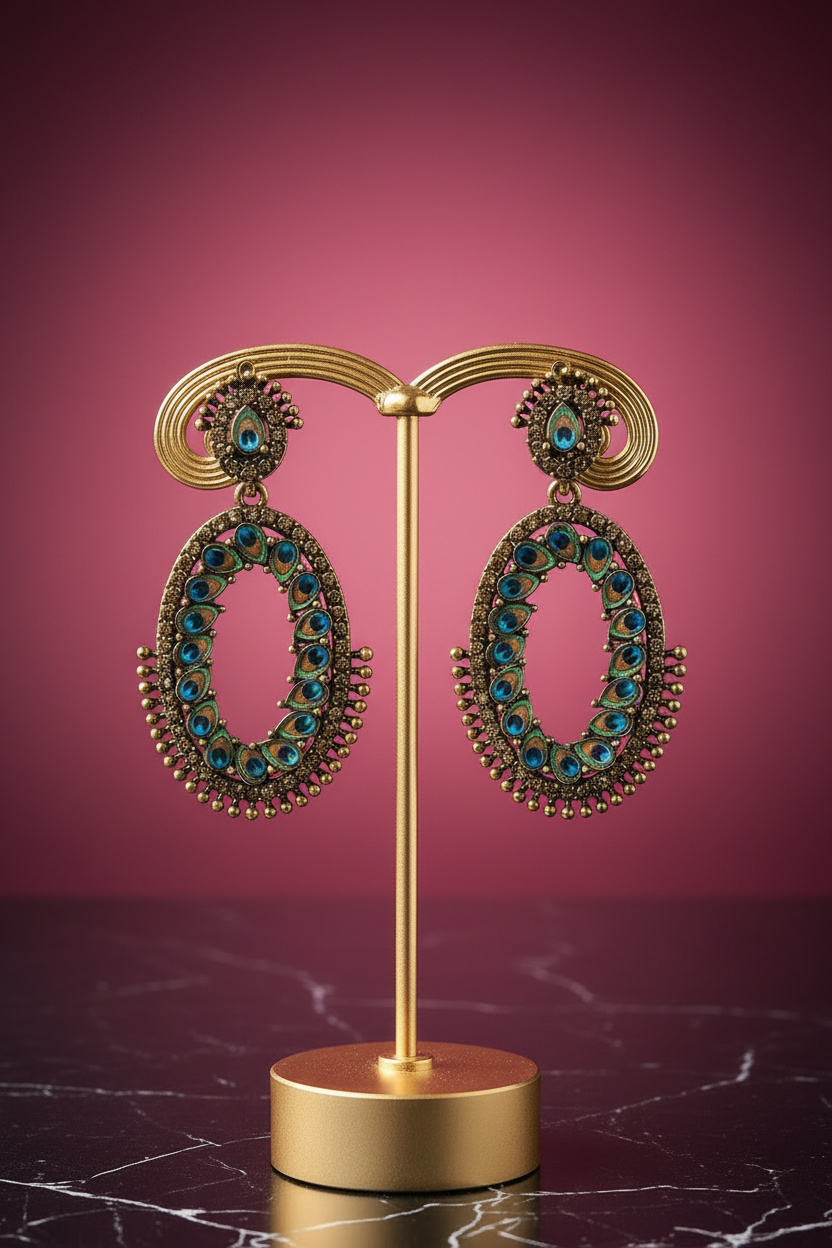 Royal Peacock Feather Enamel Oval Statement Earrings