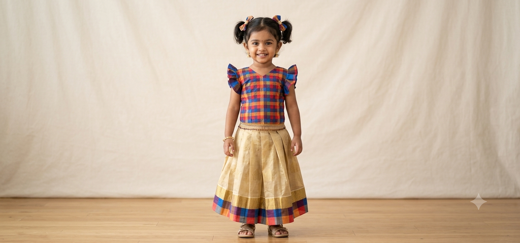 Premium Kerala Kasavu Kids Pattu Pavadai Set - Multi-Color Plaid Blouse & Gold Skirt