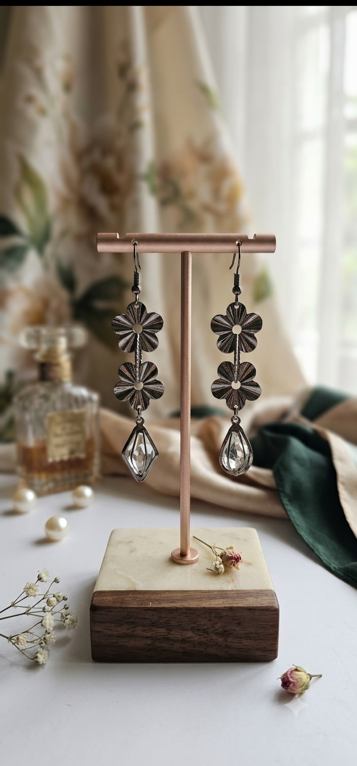 Gunmetal Tiered Floral & Crystal Drop Earrings