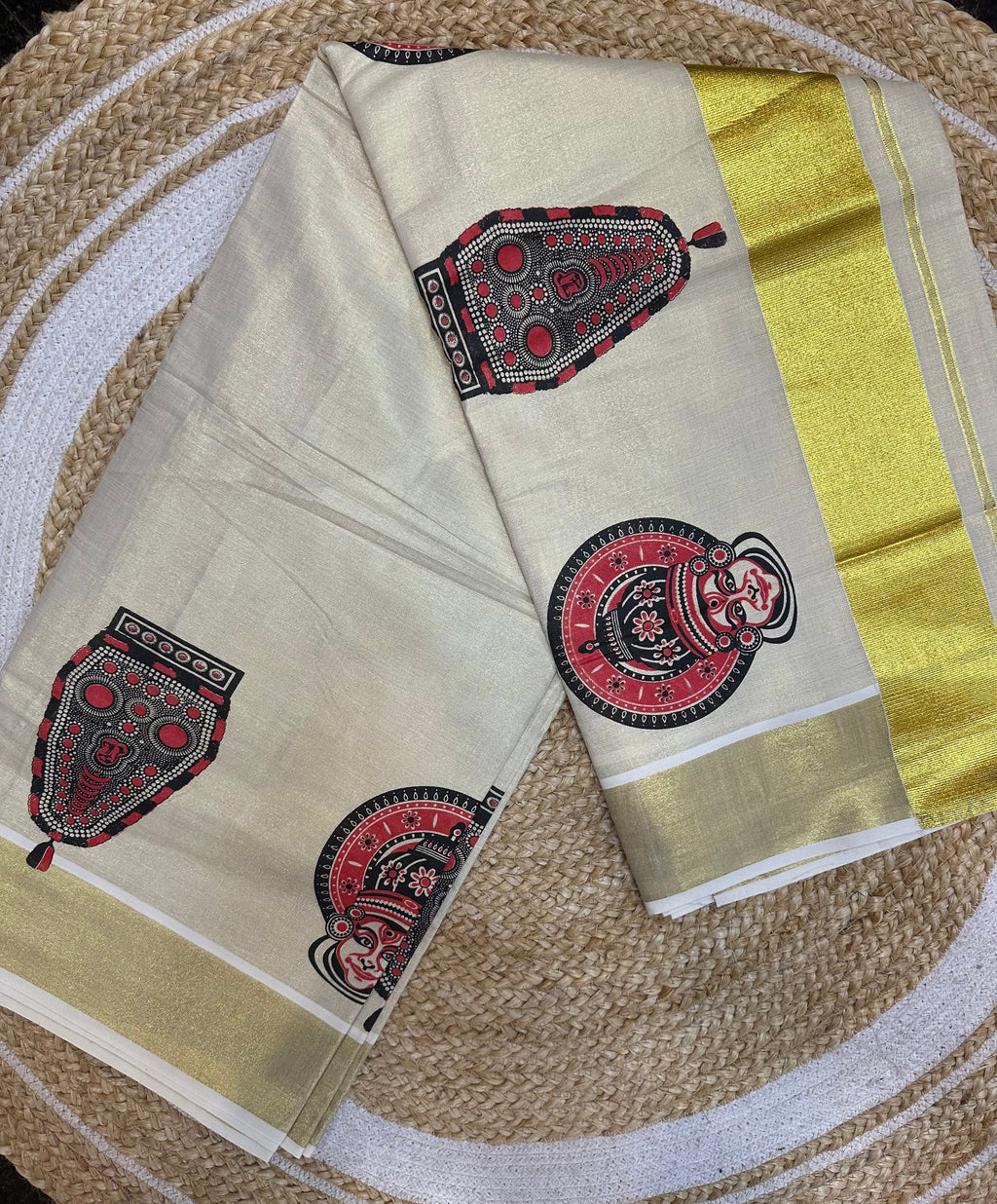 Timeless Heritage: Theyyam & Nettur Petti Art Printed Kerala Tissue Kasavu Saree