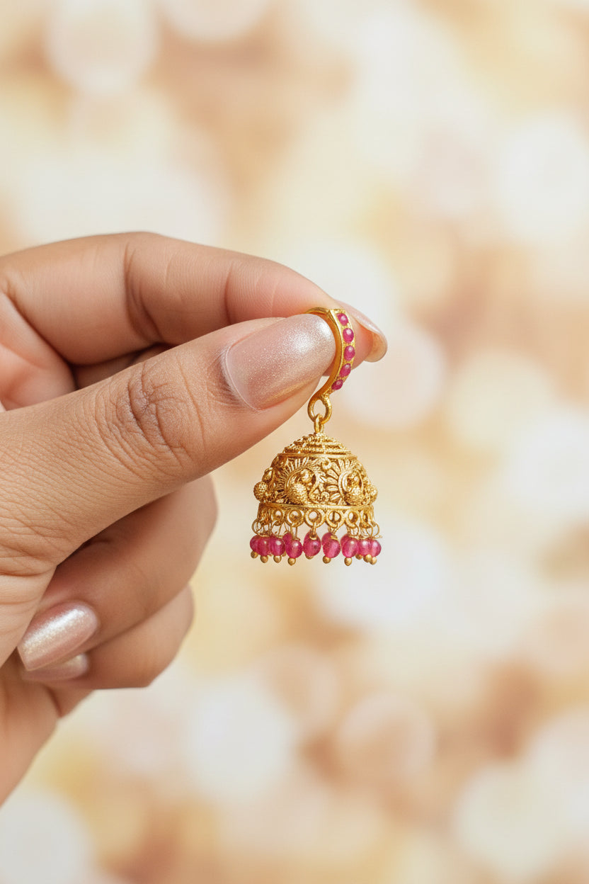 18K Gold-Plated Peacock Carved Jhumka Earrings with Ruby Beads