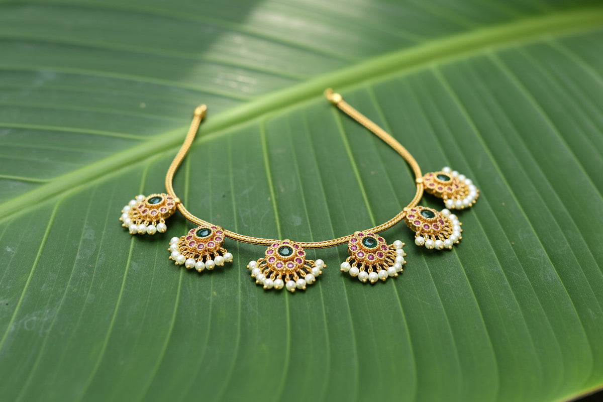 Antique Gold Floral Kemp Short Choker Necklace Set with Pearl Drops | UrbanLooma