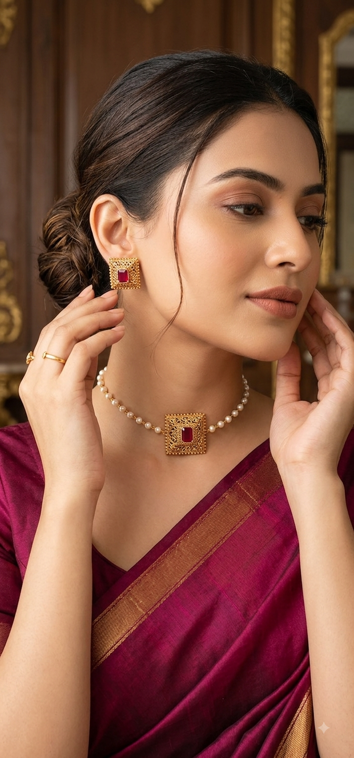 Traditional Gold-Tone Pearl Choker Set with Square Ruby Pendant and Earrings