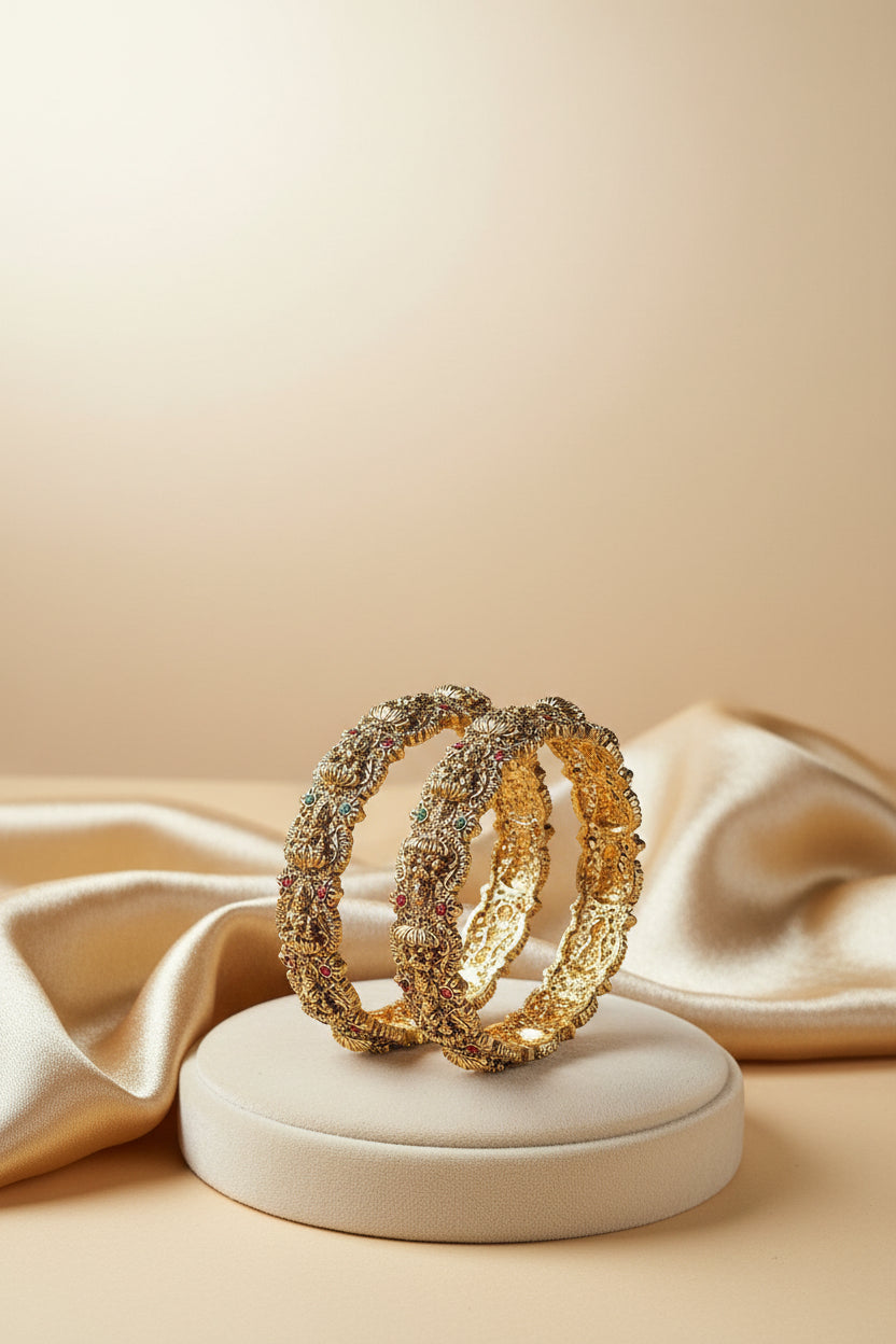 Antique Gold Broad Divine Nakshi Temple Bangle Pair | UrbanLooma