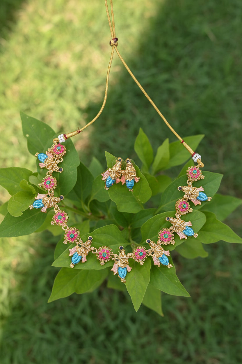 Antique Gold Divine Radha Krishna Choker Set with Matching Studs | UrbanLooma