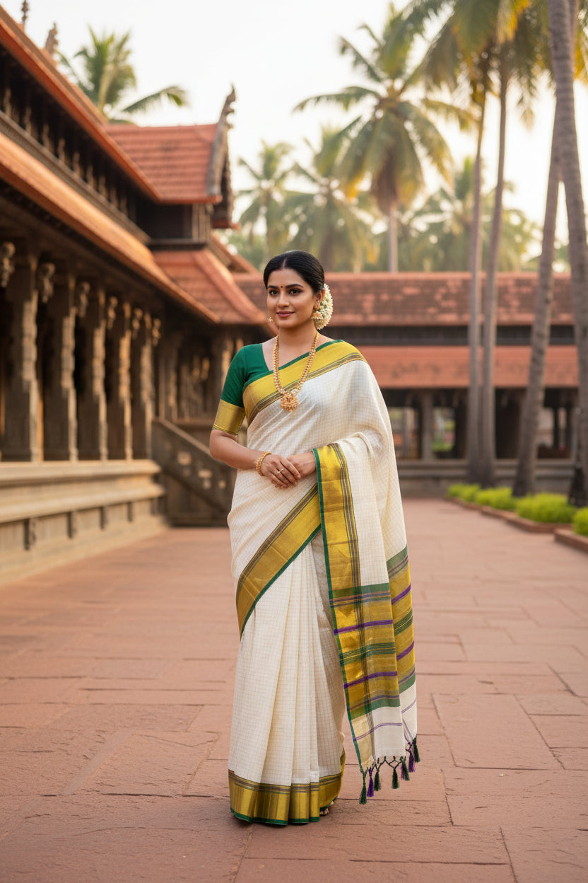 Premium Kerala Cotton Check Kasavu Saree – Exclusive Onam Collection