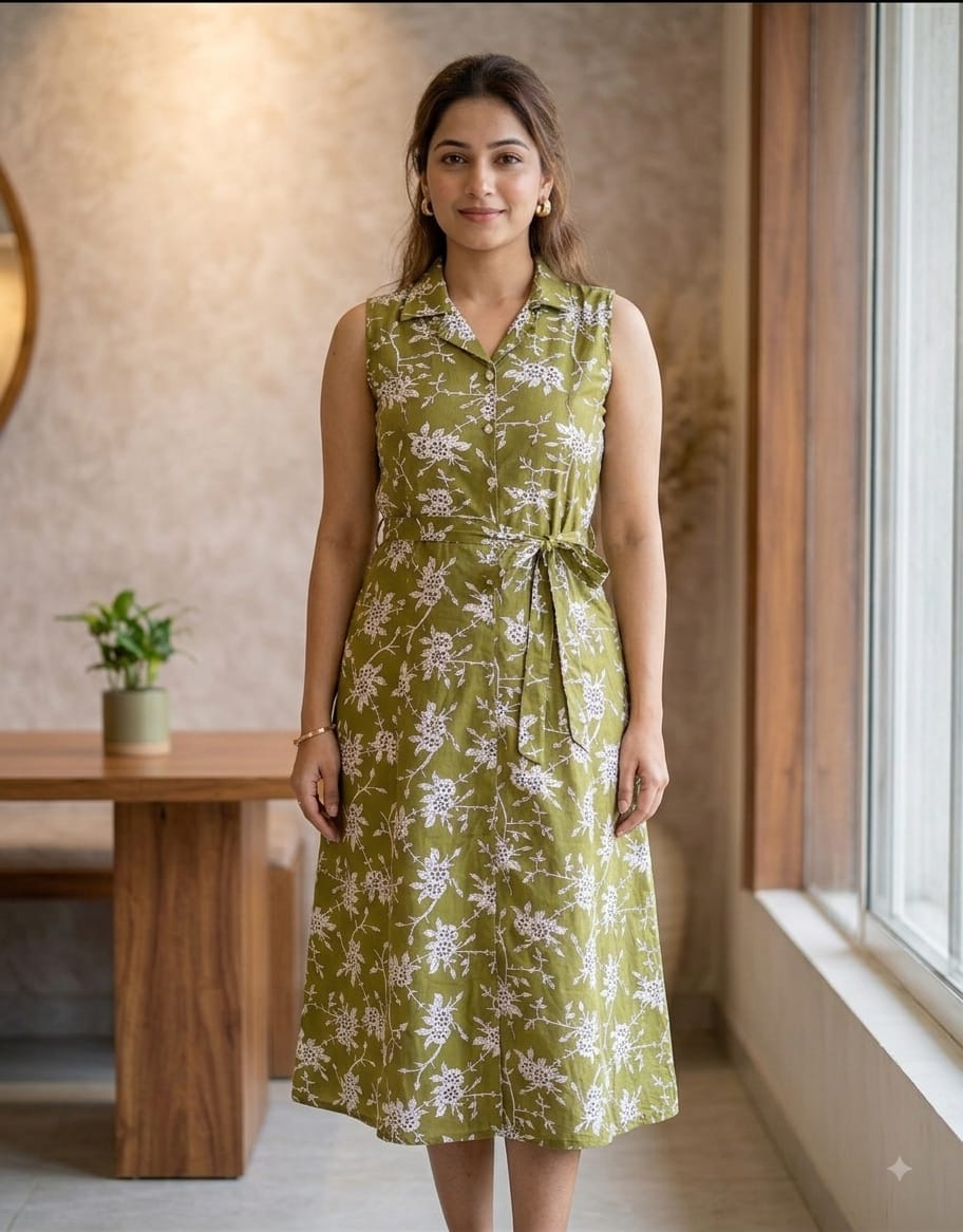 Olive Green Floral Print Sleeveless Shirt Dress with Waist Belt