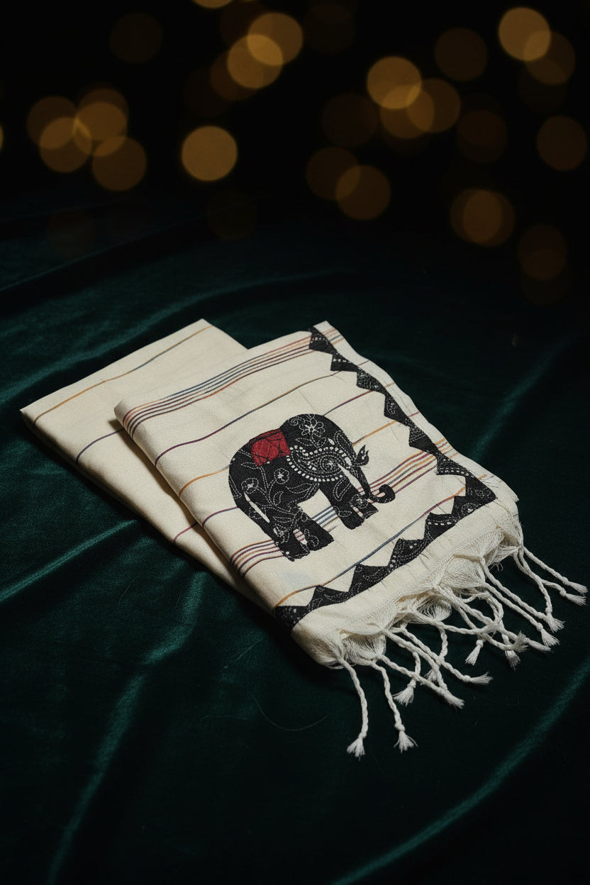Premium Off-White Mul Cotton Saree with Ajrakh Elephant Motifs