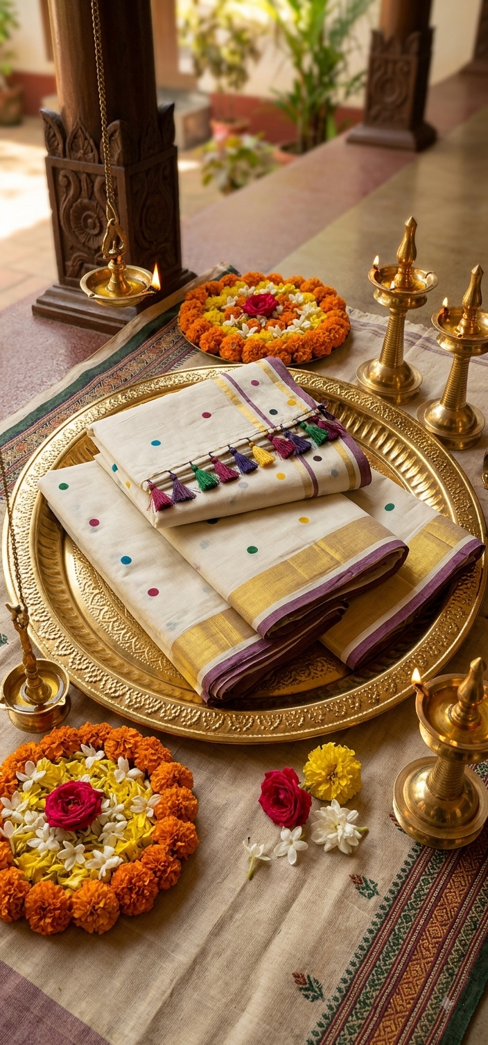 Traditional Kerala Off-White Kasavu Saree with Multicolor Polka Dots & Tassels