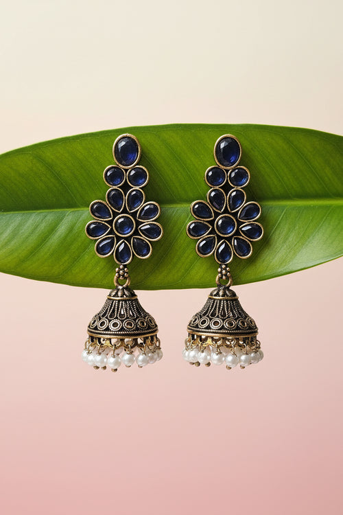 Antique Gold & Royal Blue Floral Stone Jhumka Earrings with Pearl Drops