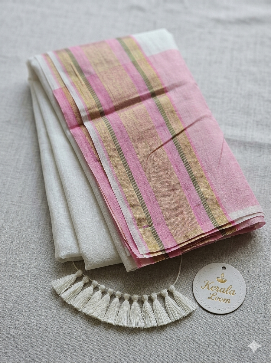 Premium Chanderi Silk / Soft Mul Cotton Kerala Saree with Pastel Pink & Gold Border
