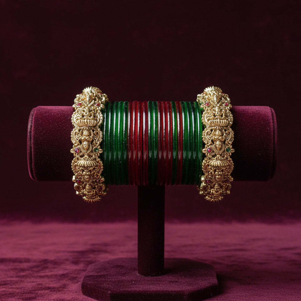 Antique Gold Broad Divine Nakshi Temple Bangle Pair | UrbanLooma