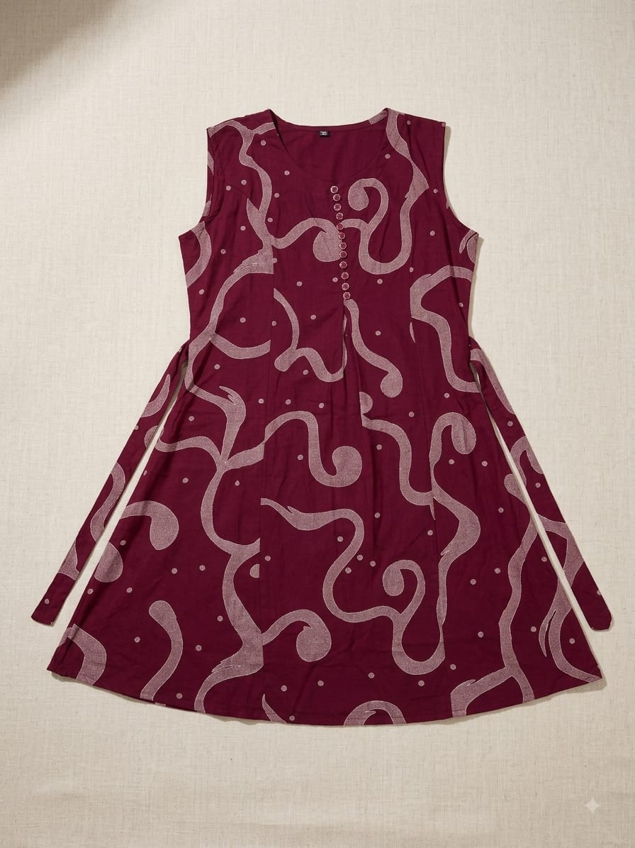 Maroon Printed Sleeveless Dress with Waist Tie