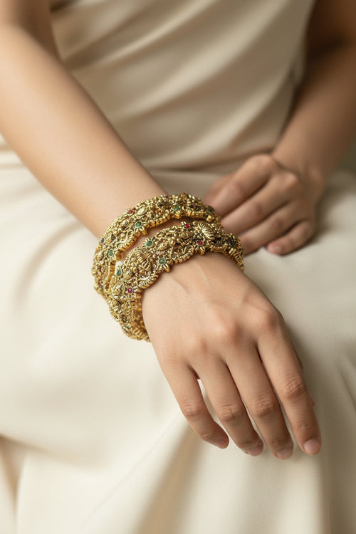 Antique Gold Broad Divine Nakshi Temple Bangle Pair | UrbanLooma