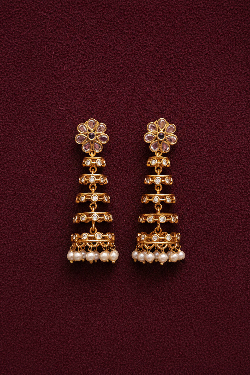 18K Gold-Plated Multi-Tiered Step Jhumka Earrings with CZ Stones & Pearl Drops
