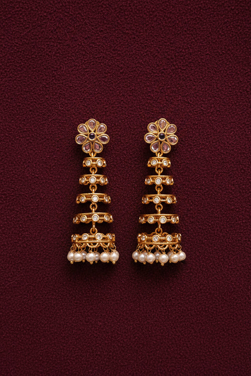 18K Gold-Plated Multi-Tiered Step Jhumka Earrings with CZ Stones & Pearl Drops