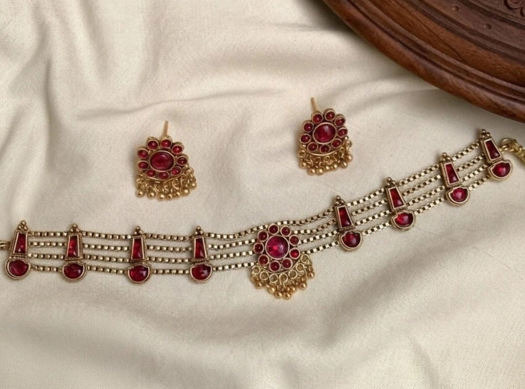 Antiqued Gold Three-Layer Ruby Necklace and Matching Studs