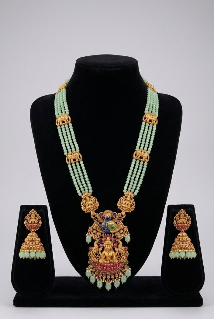 Royal Lakshmi Temple Jewelry Long Necklace & Jhumka Set with Mint Green Beads