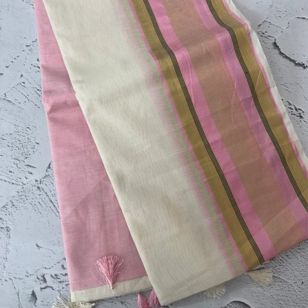 Premium Chanderi Silk / Soft Mul Cotton Kerala Saree with Pastel Pink & Gold Border