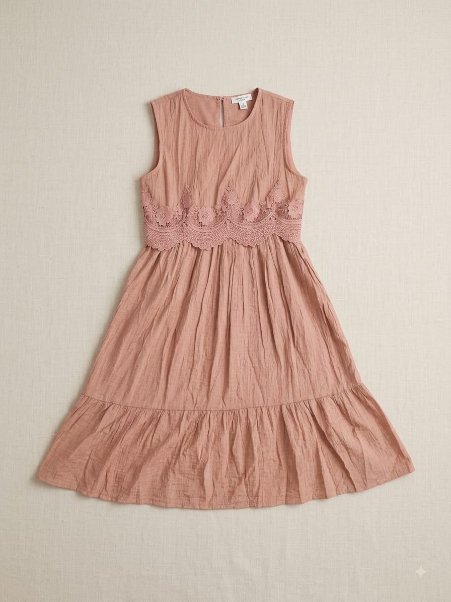 Dusty Rose Sleeveless Crinkled Midi Dress with Crochet Lace Trim