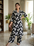 Elegant Black & White Floral Printed Kurta & Pant Set with Embellished Neckline