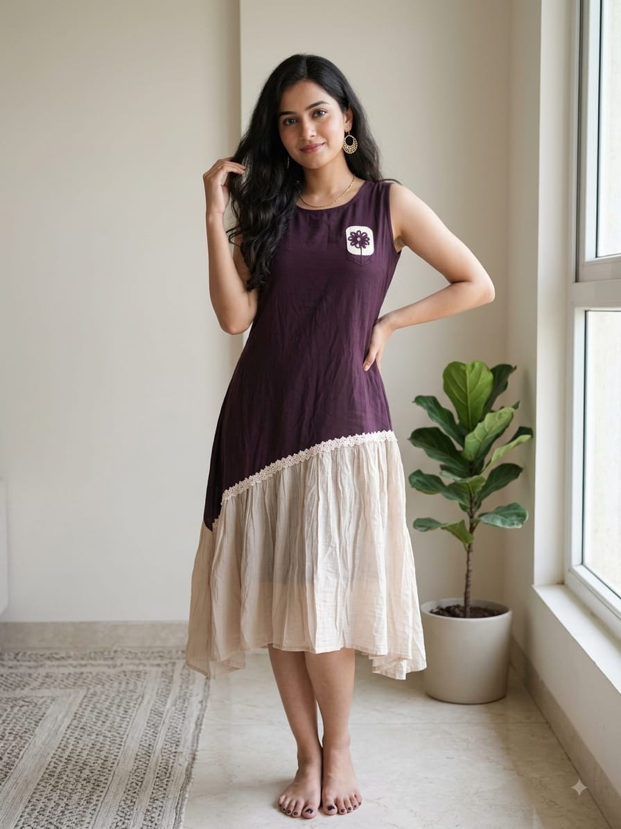 Deep Plum & Cream Asymmetric Dual-Tone Midi Dress with Floral Appliqué