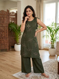 Olive Green Embroidered Straight Kurti Set with Tie-Up Shoulder Tassels