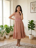 Dusty Rose Sleeveless Crinkled Midi Dress with Crochet Lace Trim