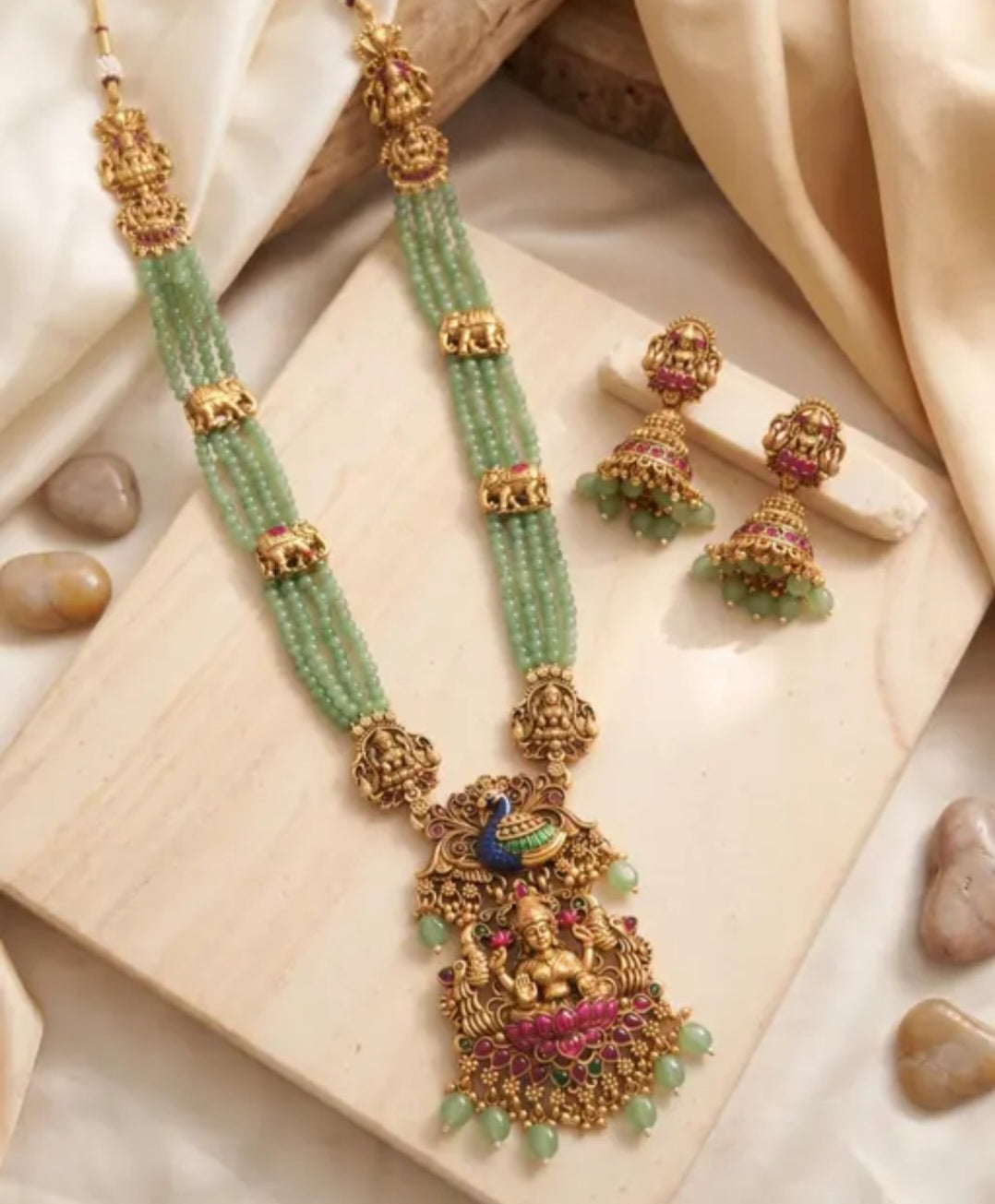 Royal Lakshmi Temple Jewelry Long Necklace & Jhumka Set with Mint Green Beads