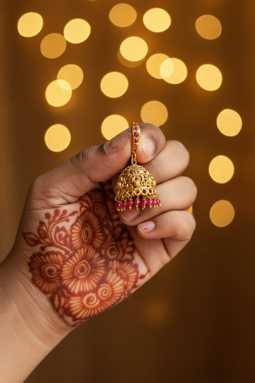 18K Gold-Plated Peacock Carved Jhumka Earrings with Ruby Beads