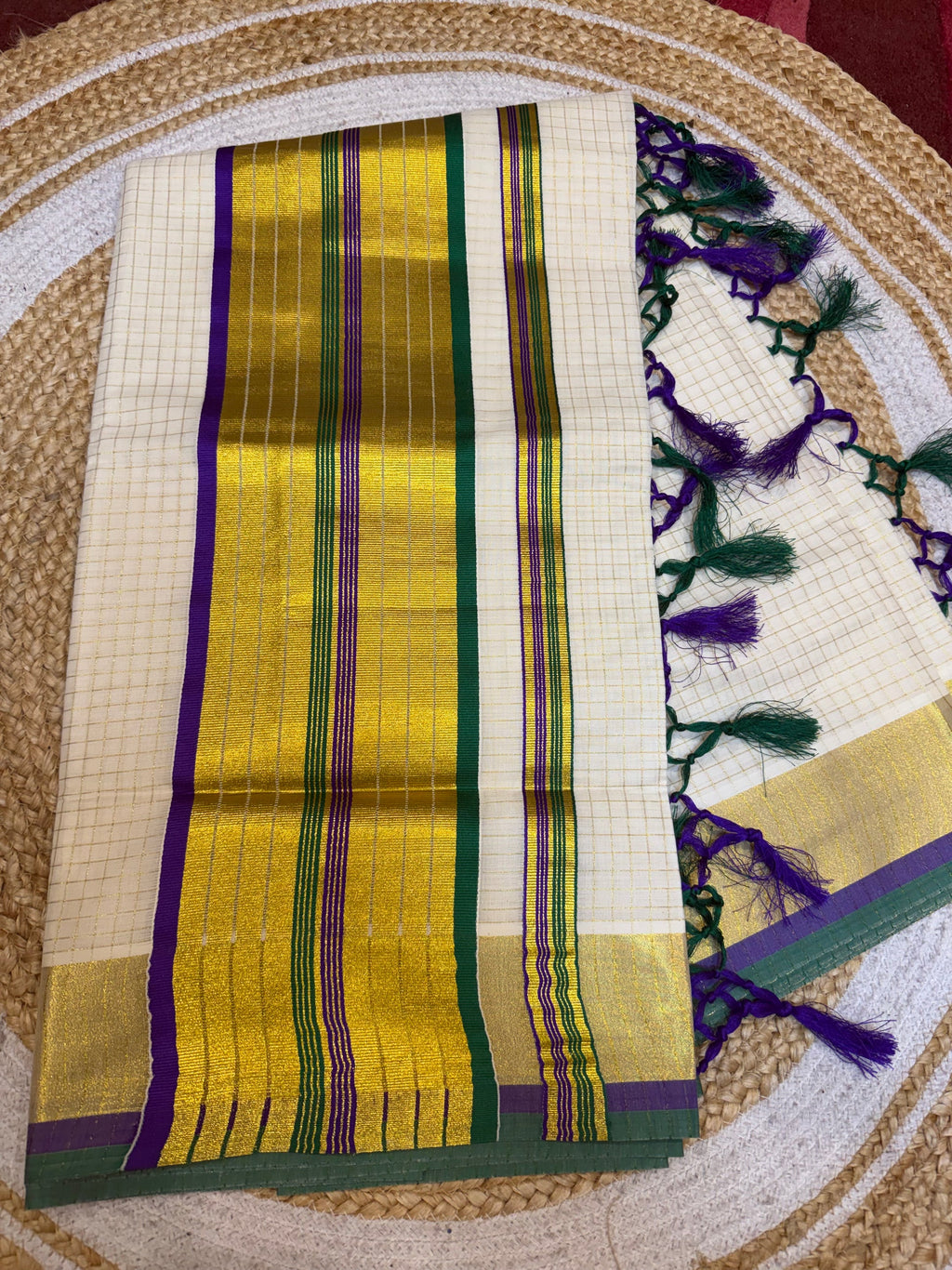Premium Kerala Cotton Check Kasavu Saree – Exclusive Onam Collection
