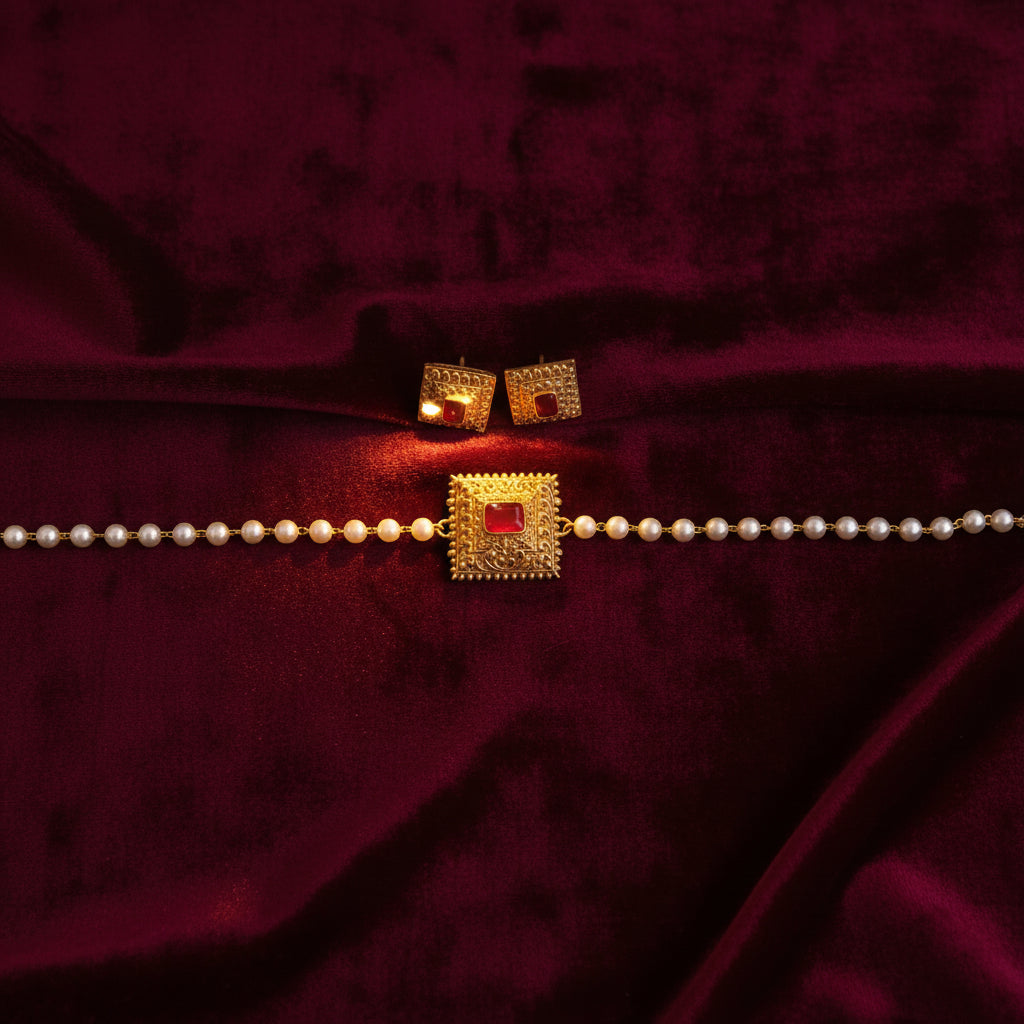Traditional Gold-Tone Pearl Choker Set with Square Ruby Pendant and Earrings