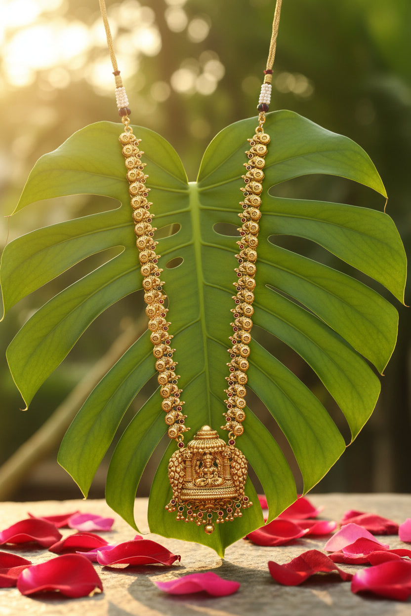 Antique Gold Temple Long Haram with Grand Goddess Laxmi Pendant Set