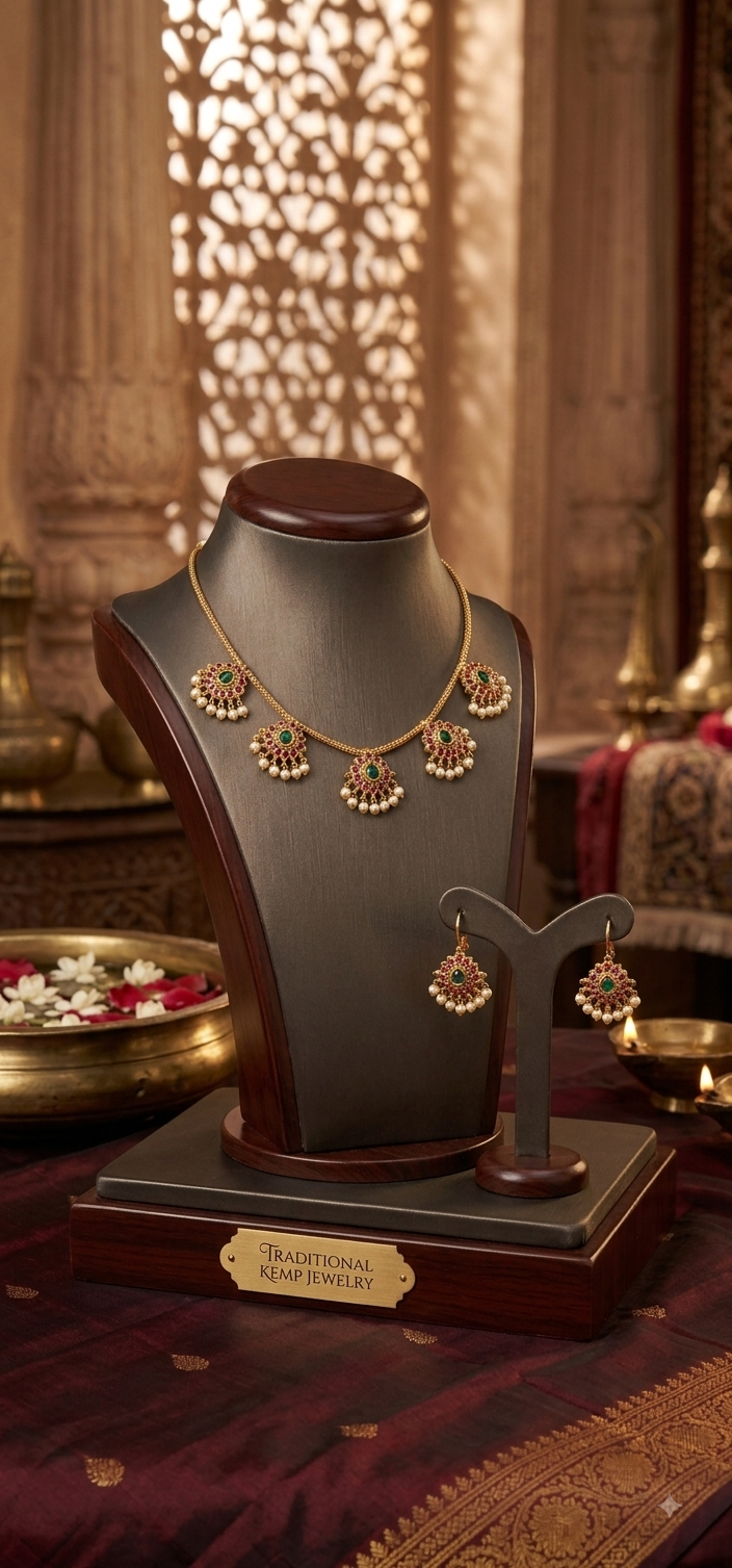 Antique Gold Floral Kemp Short Choker Necklace Set with Pearl Drops | UrbanLooma