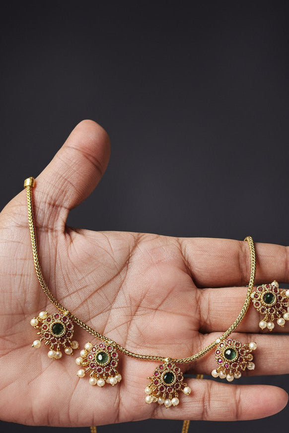 Antique Gold Floral Kemp Short Choker Necklace Set with Pearl Drops | UrbanLooma