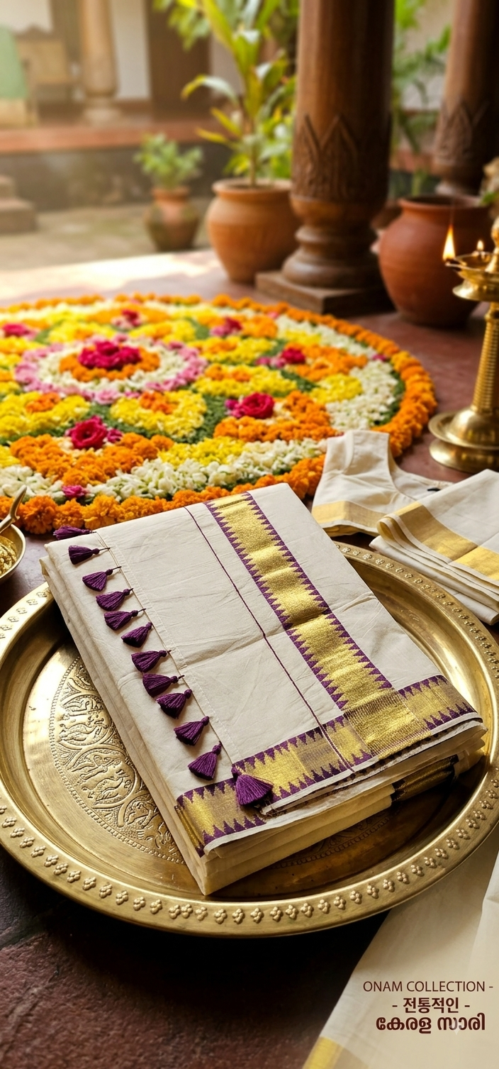 Traditional Kerala Off-White Kasavu Saree with Purple Temple Border & Tassels