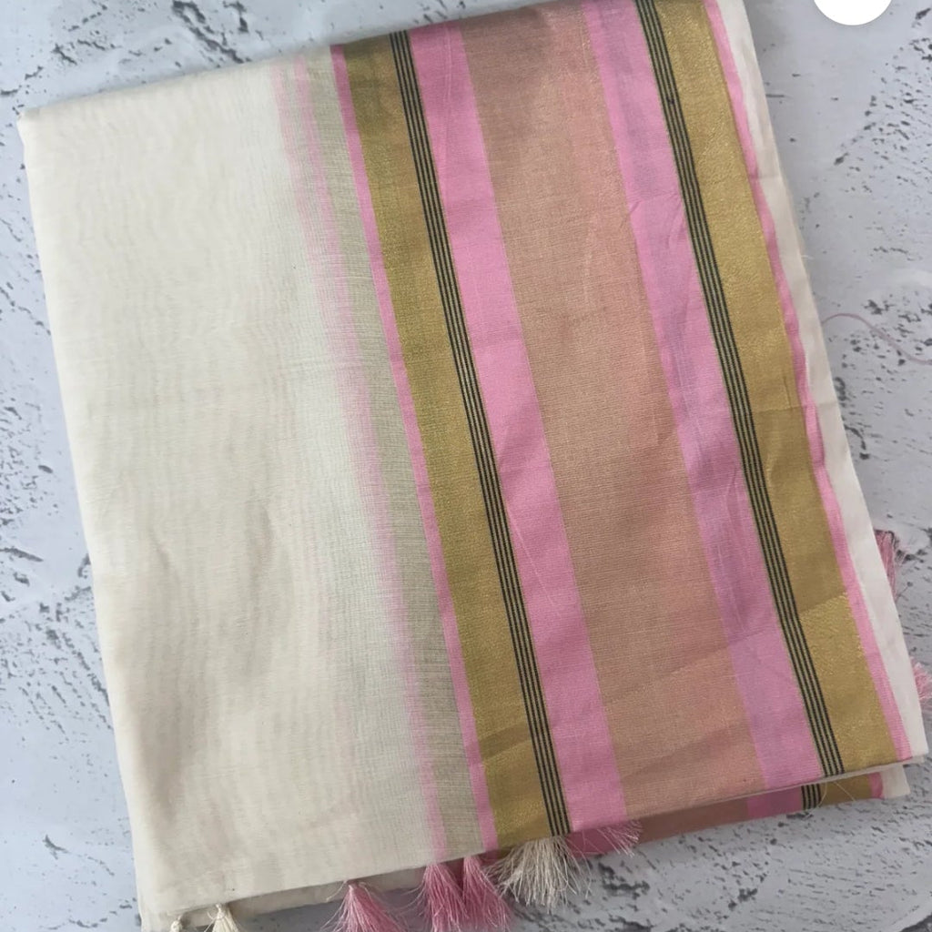 Premium Chanderi Silk / Soft Mul Cotton Kerala Saree with Pastel Pink & Gold Border